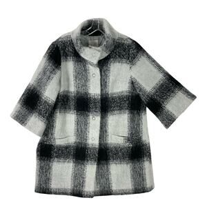 GREAT PLAINS Coat Women S Oversized Plaid Grey-Black 3/4-Sleeve High-Neck Snaps
